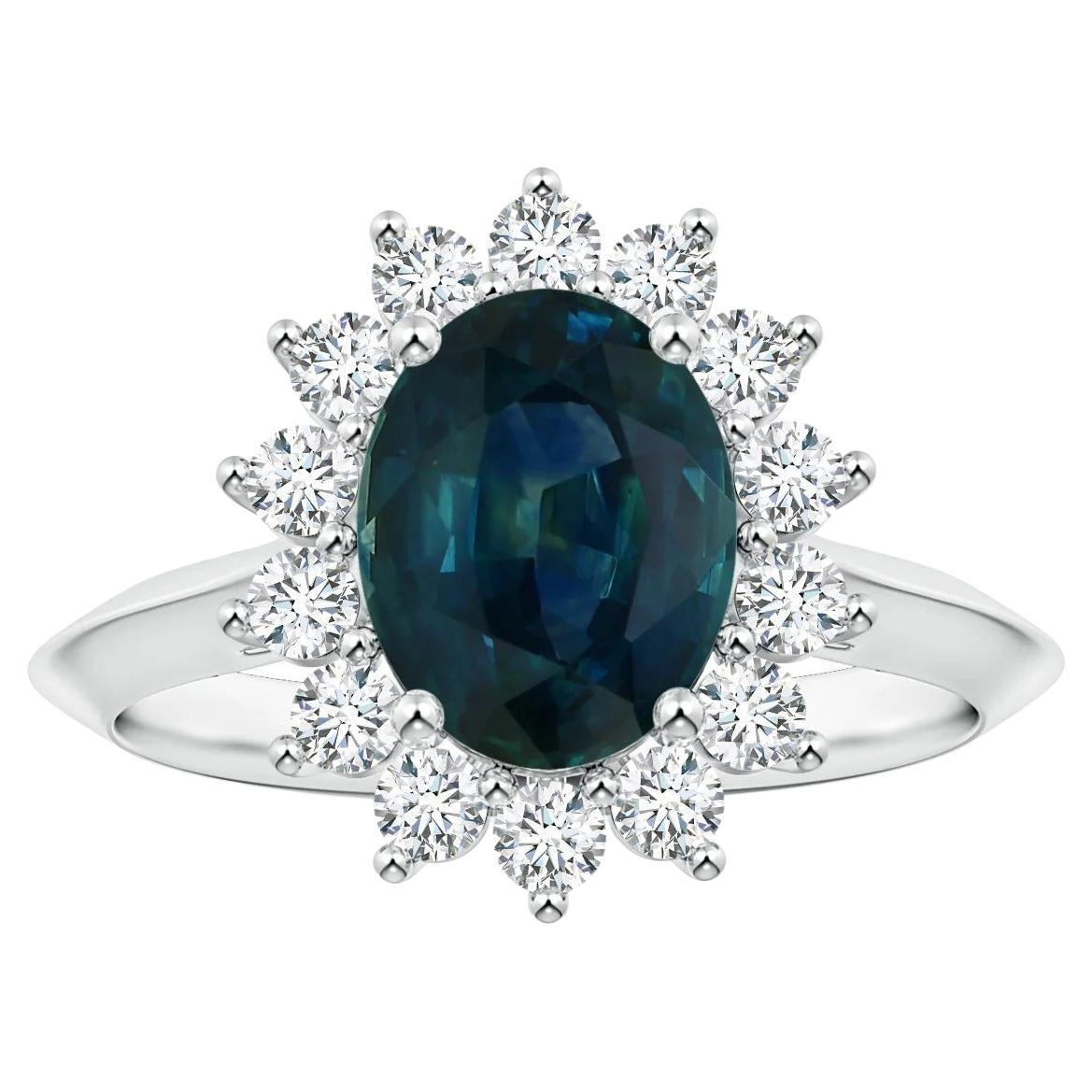 ANGARA GIA Certified Princess Diana Inspired Teal Sapphire Halo Ring in Platinum