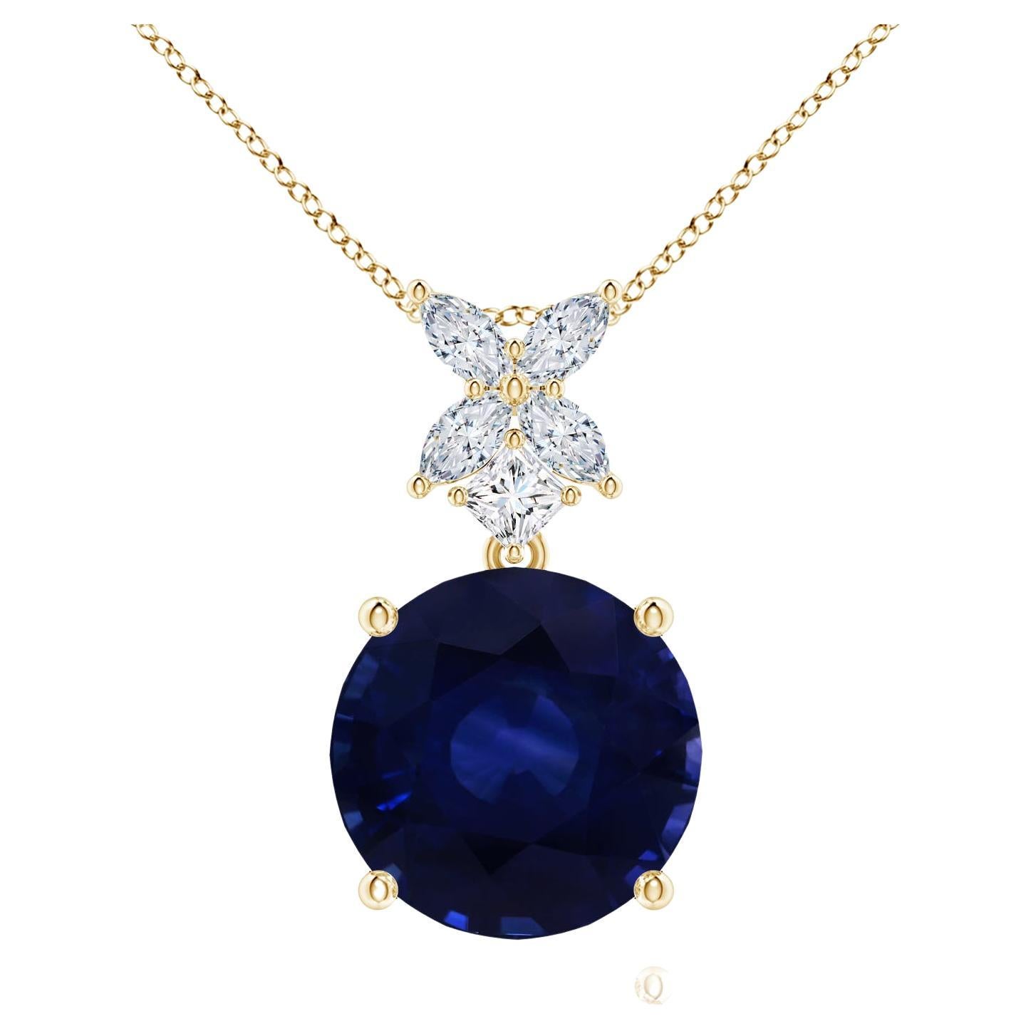 Angara GIA Certified Round Natural Blue Sapphire Yellow Gold Pendant Necklace For Sale