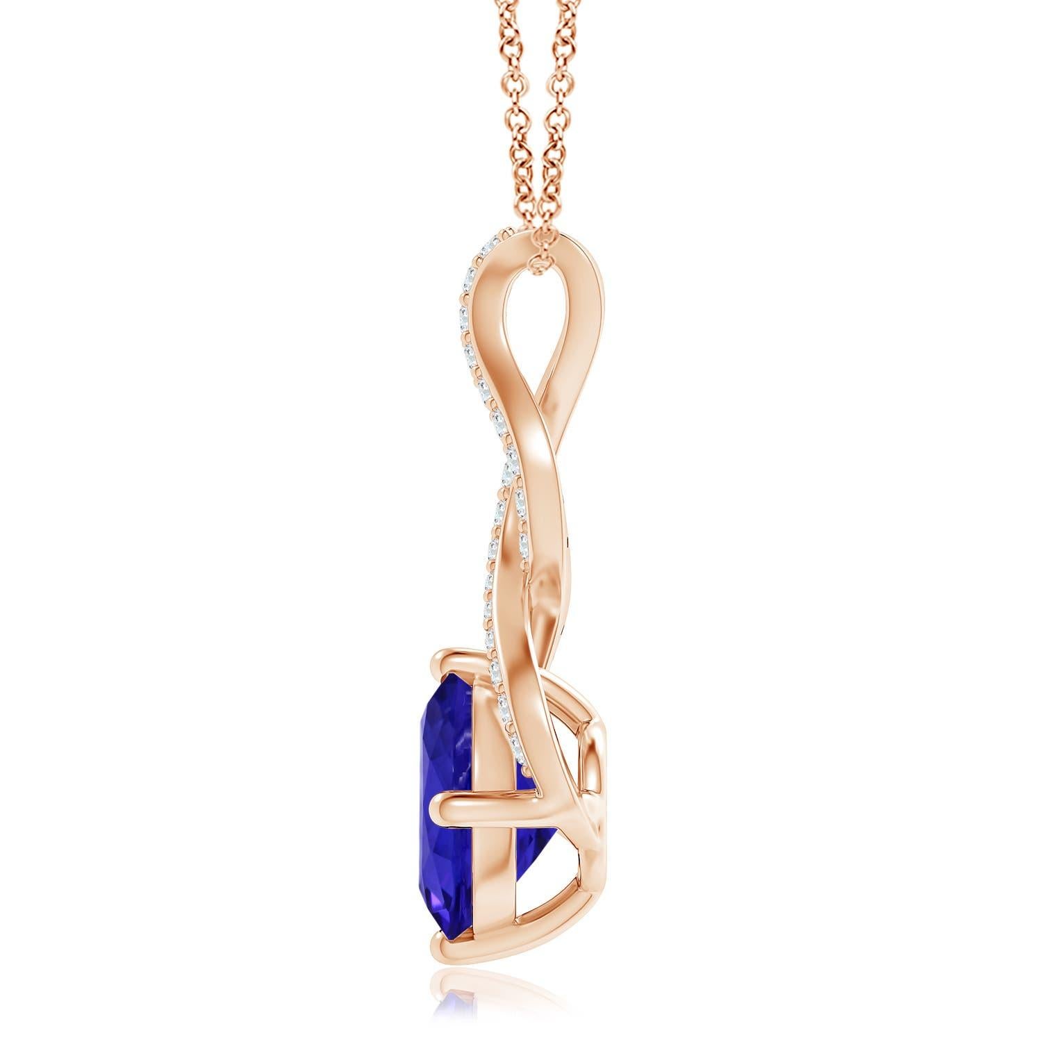 A beautiful interpretation of the iconic infinity sign, this 14k rose gold tanzanite pendant features a dazzling infinity-shaped bale. The prong-set GIA certified tanzanite is accentuated by the brilliant diamonds on the twisted bale.
