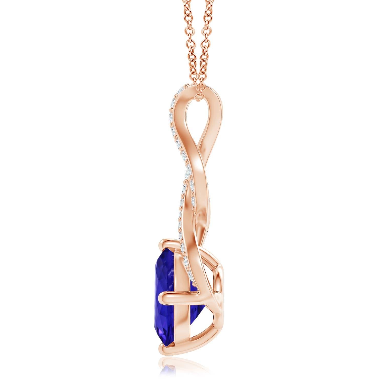 A beautiful interpretation of the iconic infinity sign, this 18k rose gold tanzanite pendant features a dazzling infinity-shaped bale. The prong-set GIA certified tanzanite is accentuated by the brilliant diamonds on the twisted bale.
