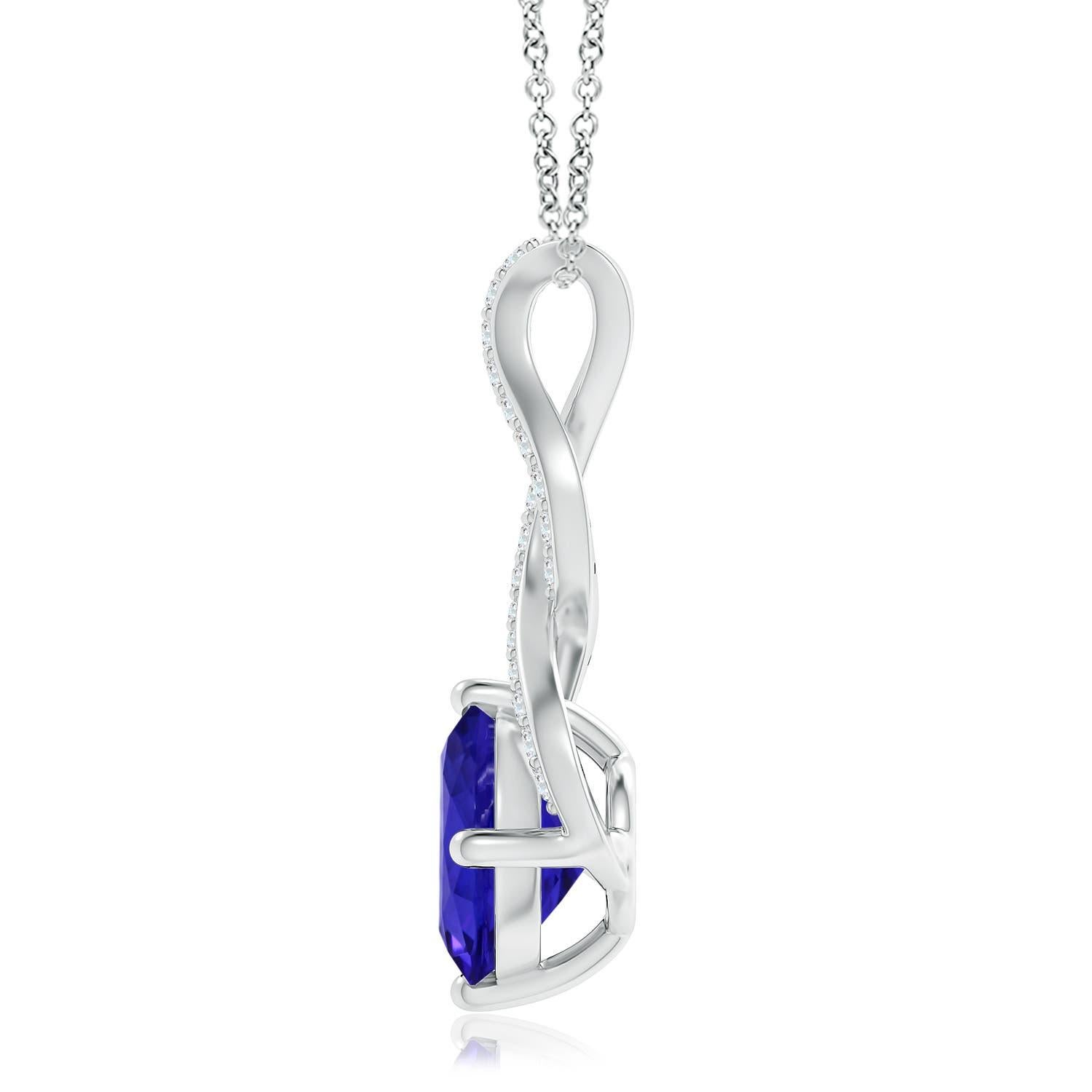 A beautiful interpretation of the iconic infinity sign, this 14k white gold tanzanite pendant features a dazzling infinity-shaped bale. The prong-set GIA certified tanzanite is accentuated by the brilliant diamonds on the twisted bale.

