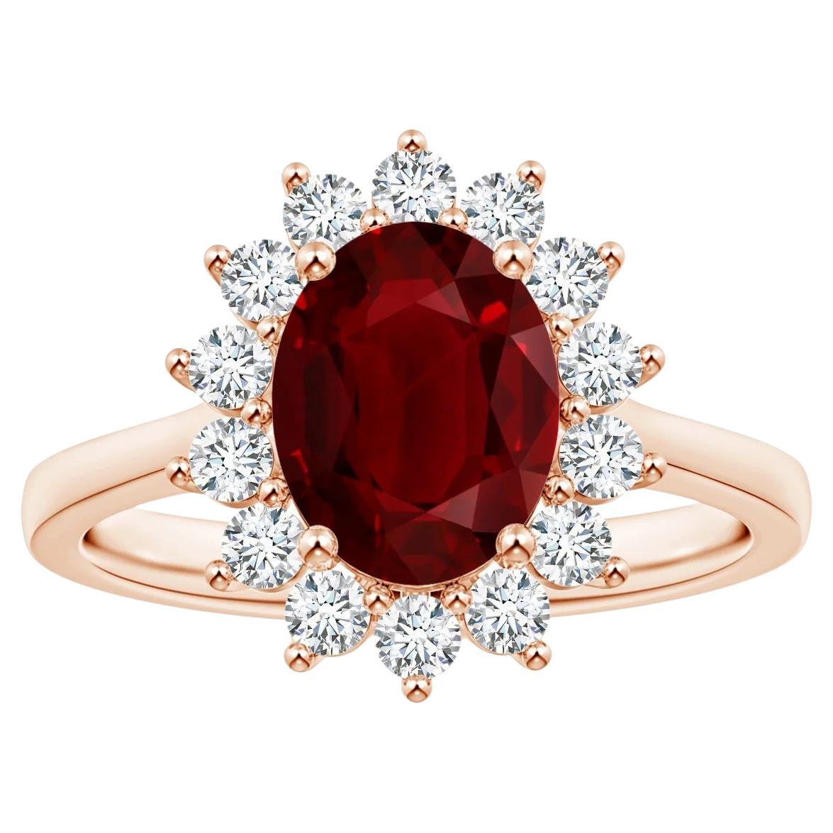 For Sale:  Angara Gia Certified Ruby Princess Diana Inspired Halo Ring in Rose Gold