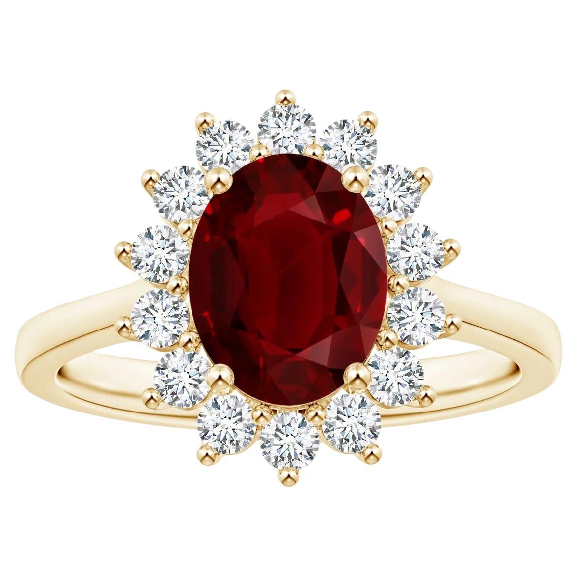 For Sale:  Angara GIA Certified Ruby Princess Diana Inspired Halo Ring in Yellow Gold