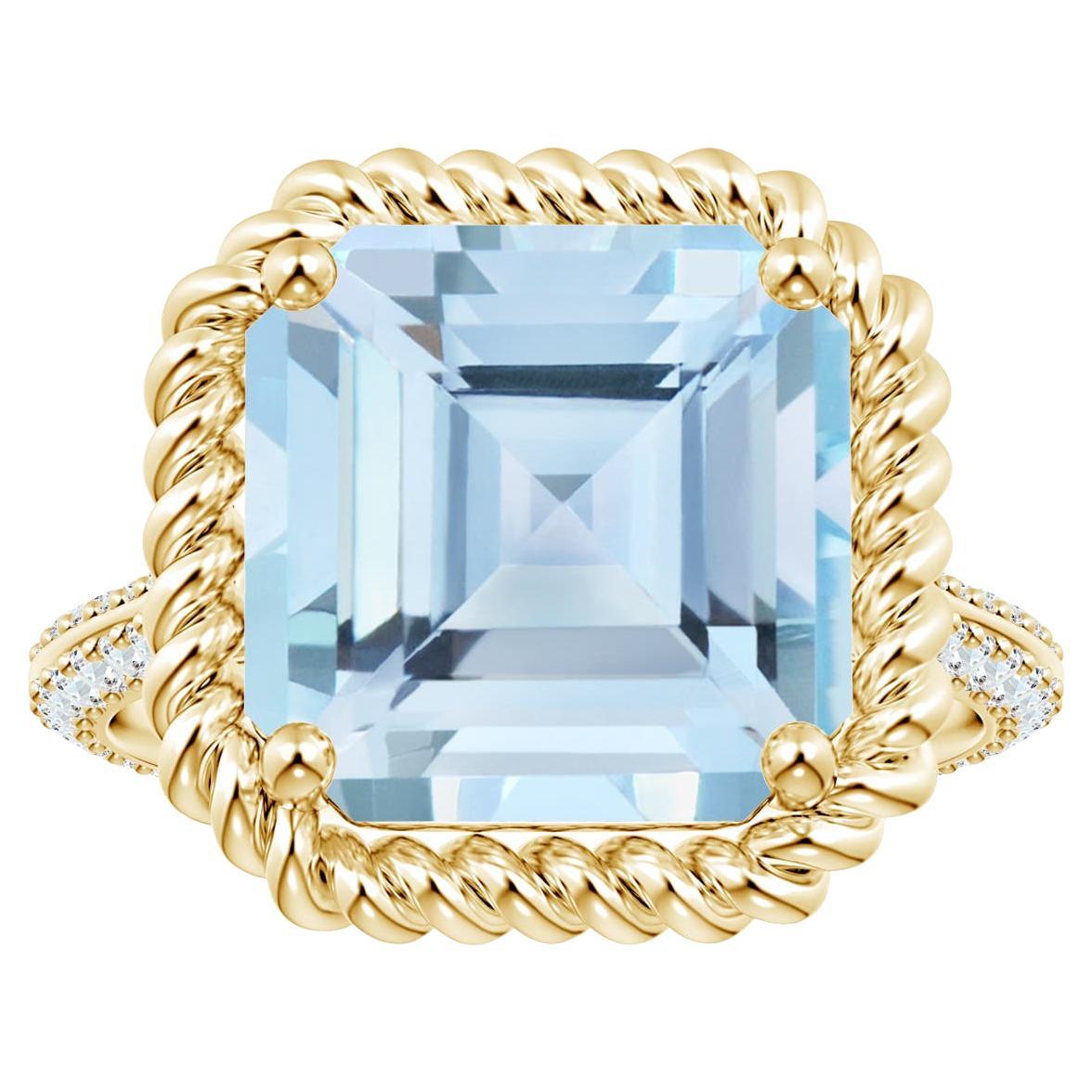 ANGARA Bague carrée en or jaune avec aigue-marine taillée en émeraude et diamants certifiée GIA