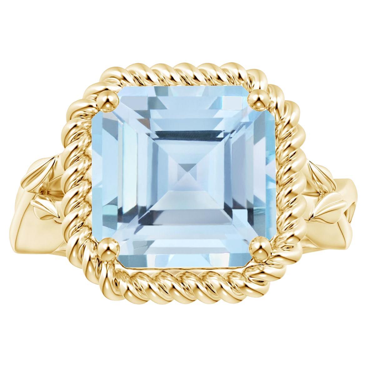 For Sale:  ANGARA GIA Certified Square Emerald-Cut Aquamarine Halo Ring in Yellow Gold