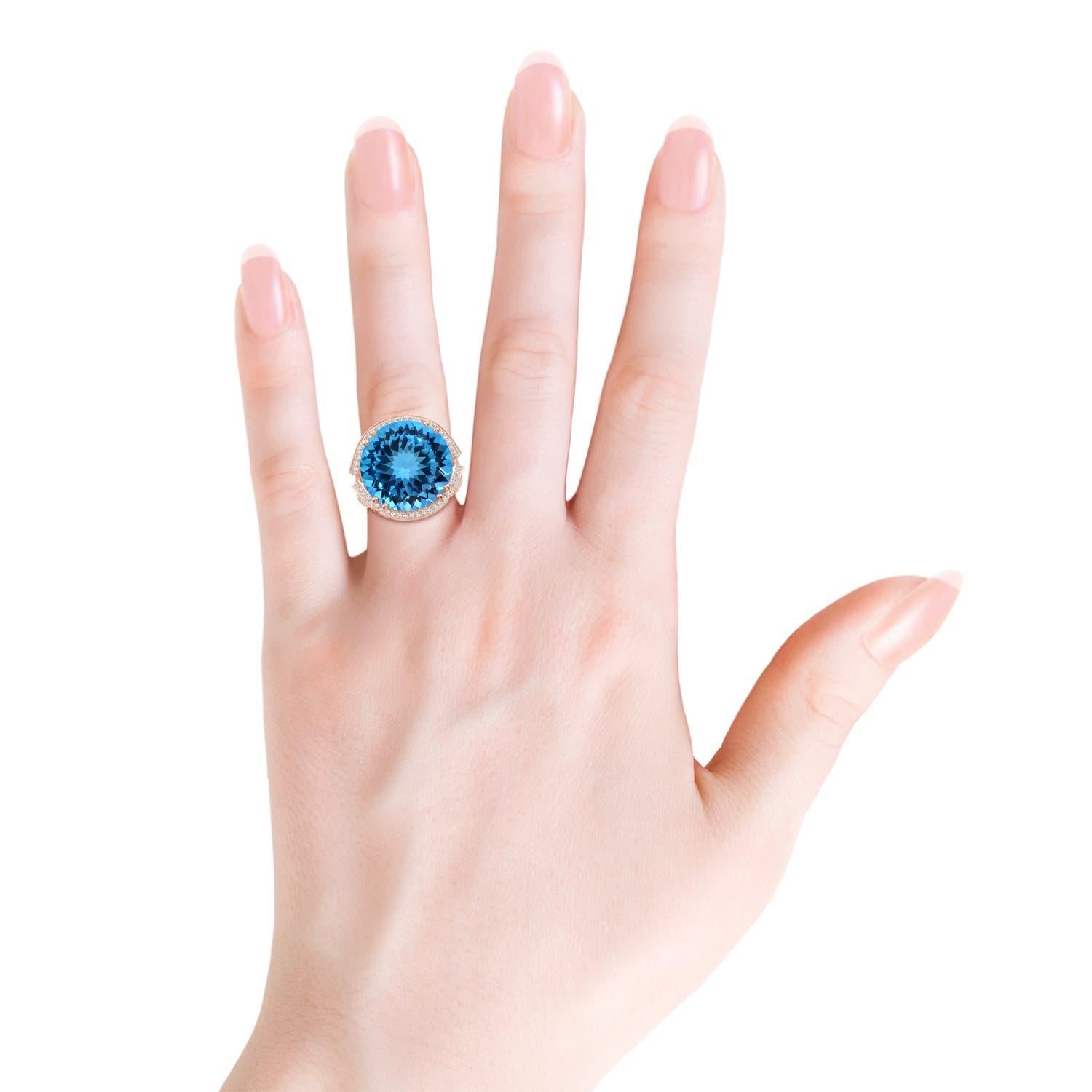 For Sale:  Angara Gia Certified Swiss Blue Topaz Bypass Halo Ring in Rose Gold for Women 6