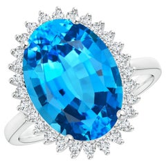 Angara GIA Certified Swiss Blue Topaz Classic Floral Halo White Gold Ring