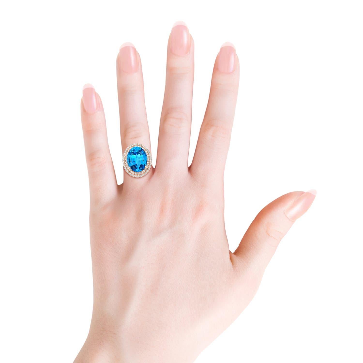 For Sale:  GIA Certified Swiss Blue Topaz Double Halo Cocktail Ring in Rose Gold 4