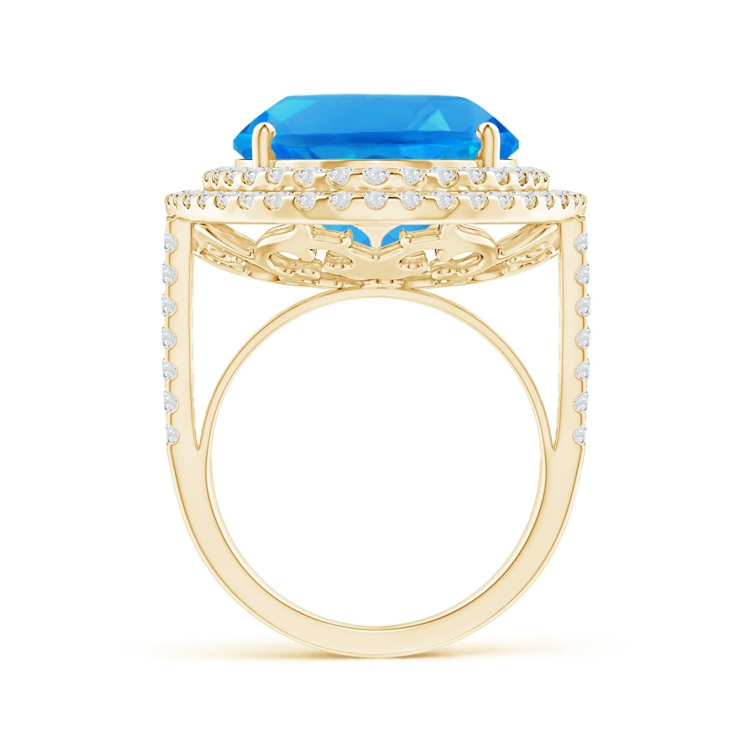 For Sale:  GIA Certified Swiss Blue Topaz Double Halo Cocktail Ring in Yellow Gold 2