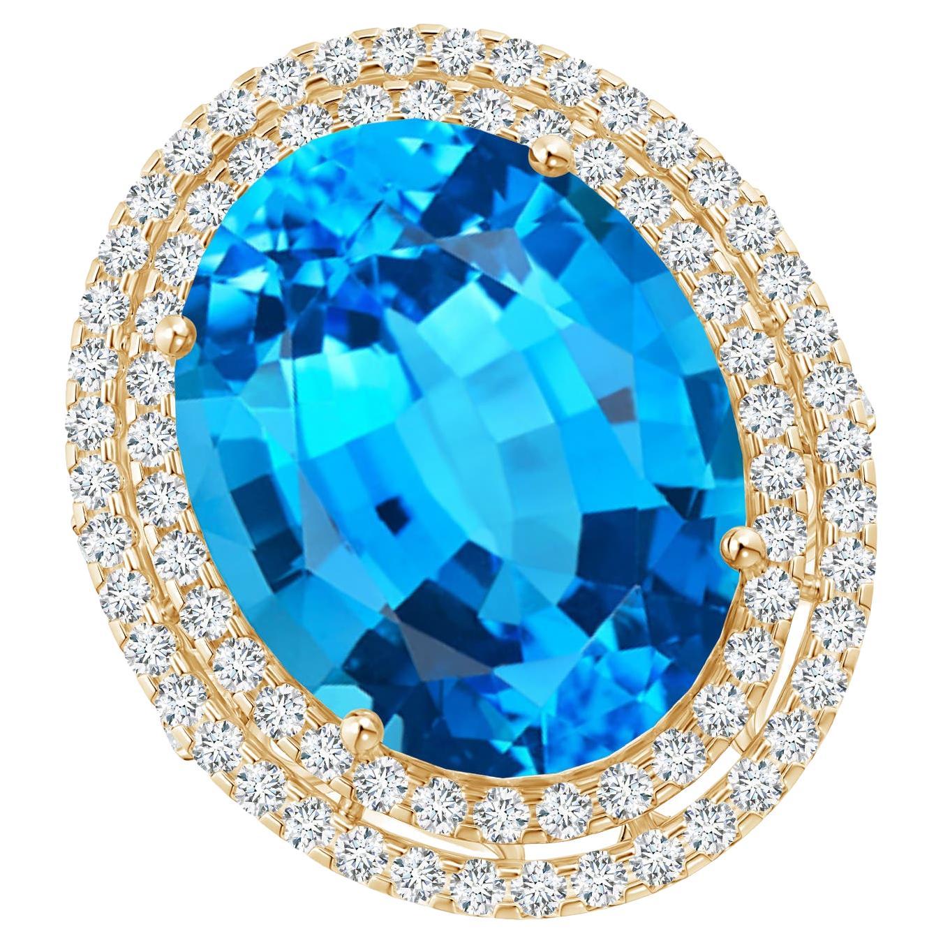 For Sale:  Angara Gia Certified Swiss Blue Topaz Double Halo Cocktail Ring in Yellow Gold