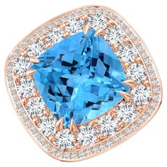 Angara Gia: Doppel-Halo-Ring aus Roségold mit zertifiziertem Schweizer blauem Topas