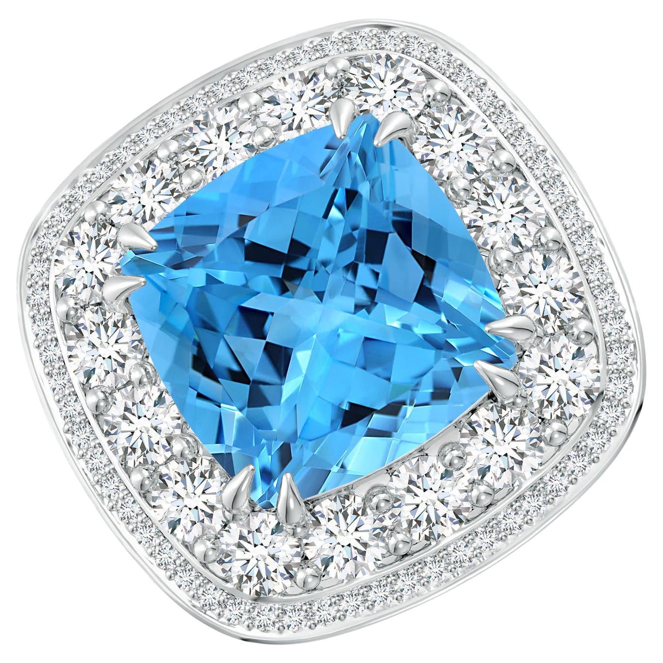 Im Angebot: ANGARA GIA-zertifizierter Schweizer Blautopas-Doppel Halo-Ring aus Weißgold ()