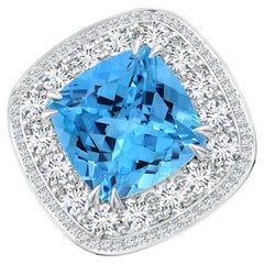 ANGARA Bague en or blanc avec double halo de topaze bleue suisse certifiée GIA