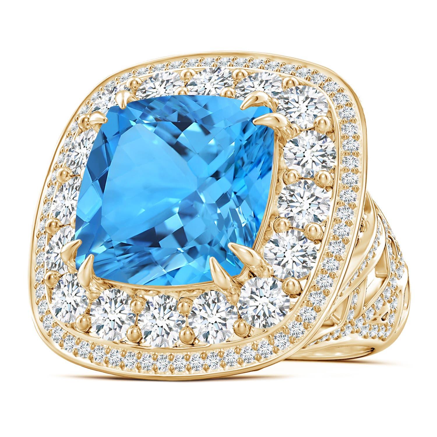 Angara Gia Certified Swiss Blue Topaz Double Halo Ring in Yellow Gold 2