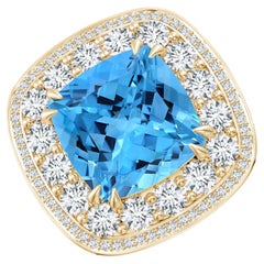 Angara Gia Certified Swiss Blue Topaz Double Halo Ring in Yellow Gold
