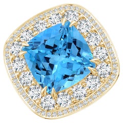 ANGARA Bague en or jaune avec double halo de topaze bleue suisse certifiée par le GIA