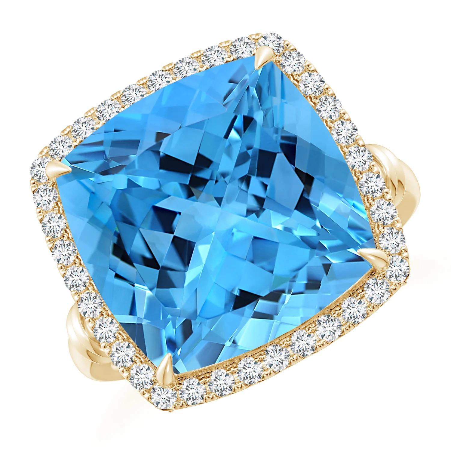 En vente :  Angara Bague halo de topaze bleue suisse certifie GIA en or jaune avec motifs de feuilles 2