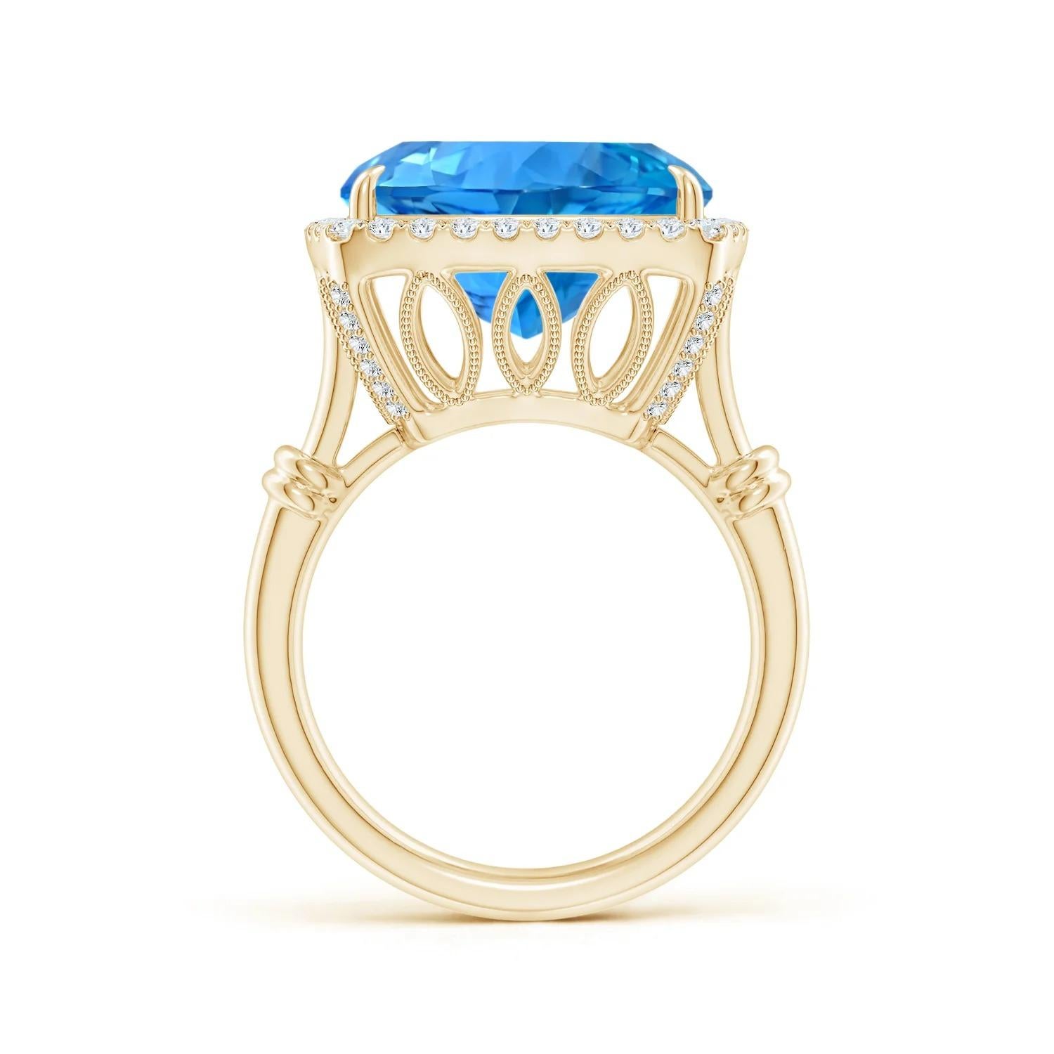 For Sale:  GIA Certified Swiss Blue Topaz Halo Ring in Yellow Gold with Leaf Motifs 3