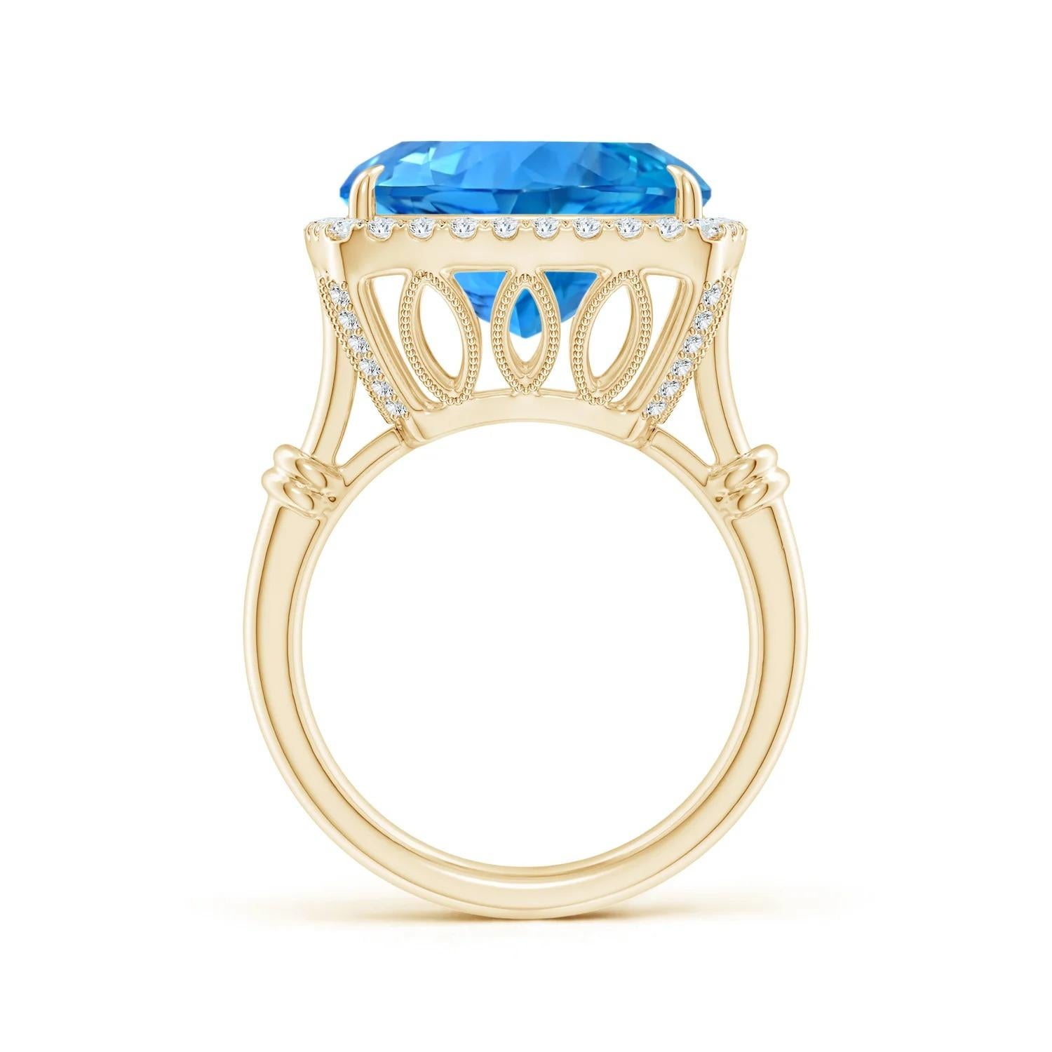 En vente :  Angara Bague halo de topaze bleue suisse certifie GIA en or jaune avec motifs de feuilles 3