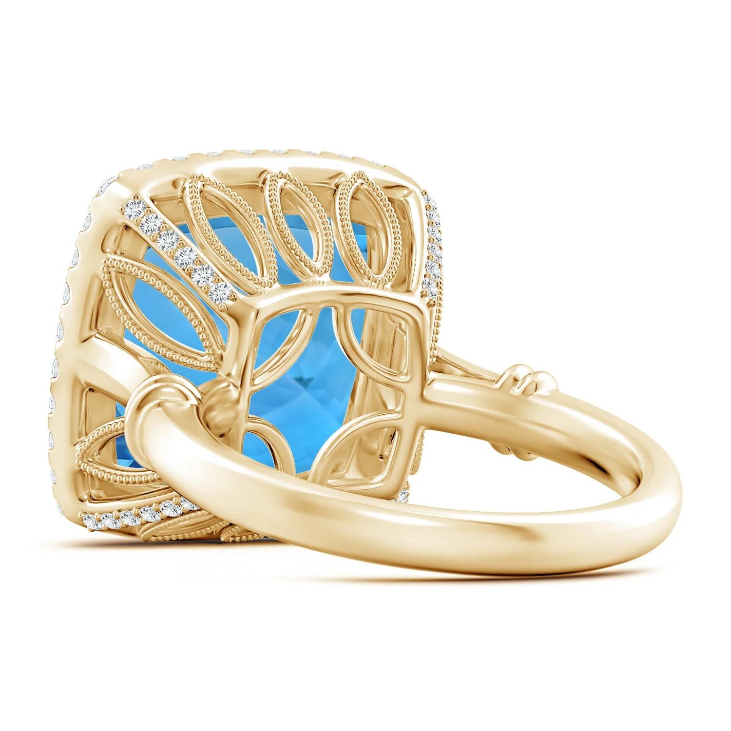 En vente :  Angara Bague halo de topaze bleue suisse certifie GIA en or jaune avec motifs de feuilles 4