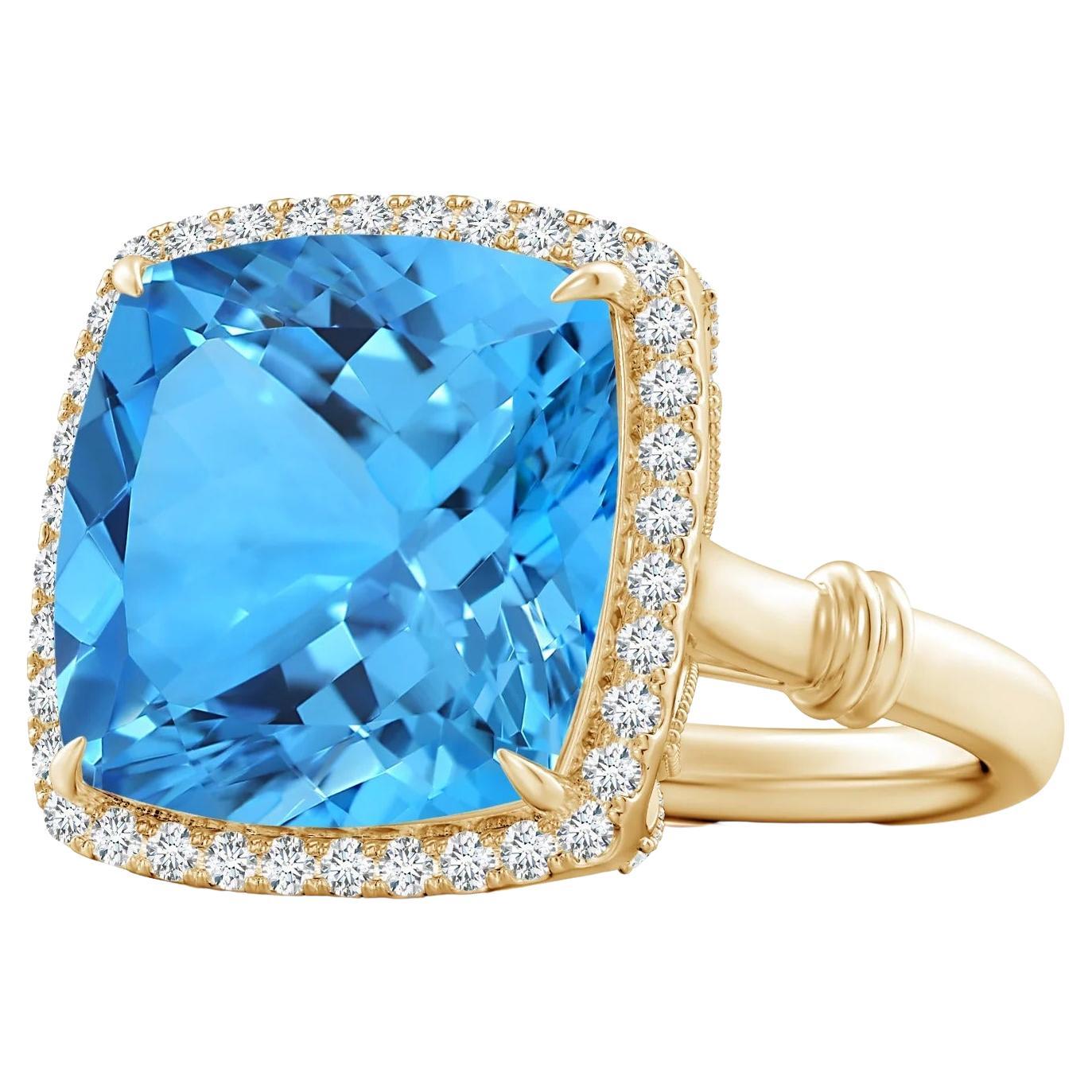 For Sale:  GIA Certified Swiss Blue Topaz Halo Ring in Yellow Gold with Leaf Motifs