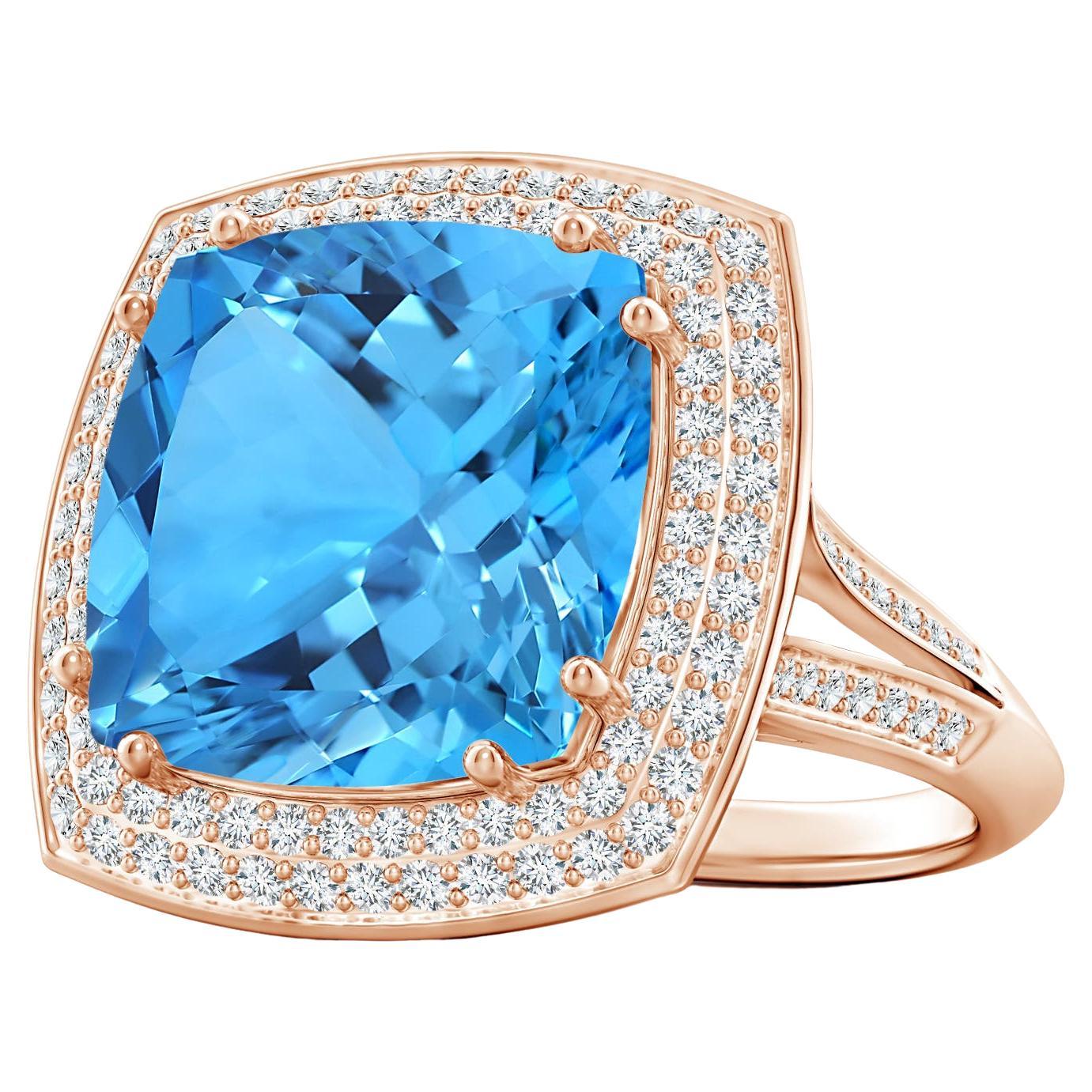 En vente :  Angara Bague en or rose avec halo de diamants et topaze bleue suisse certifiée par le GIA