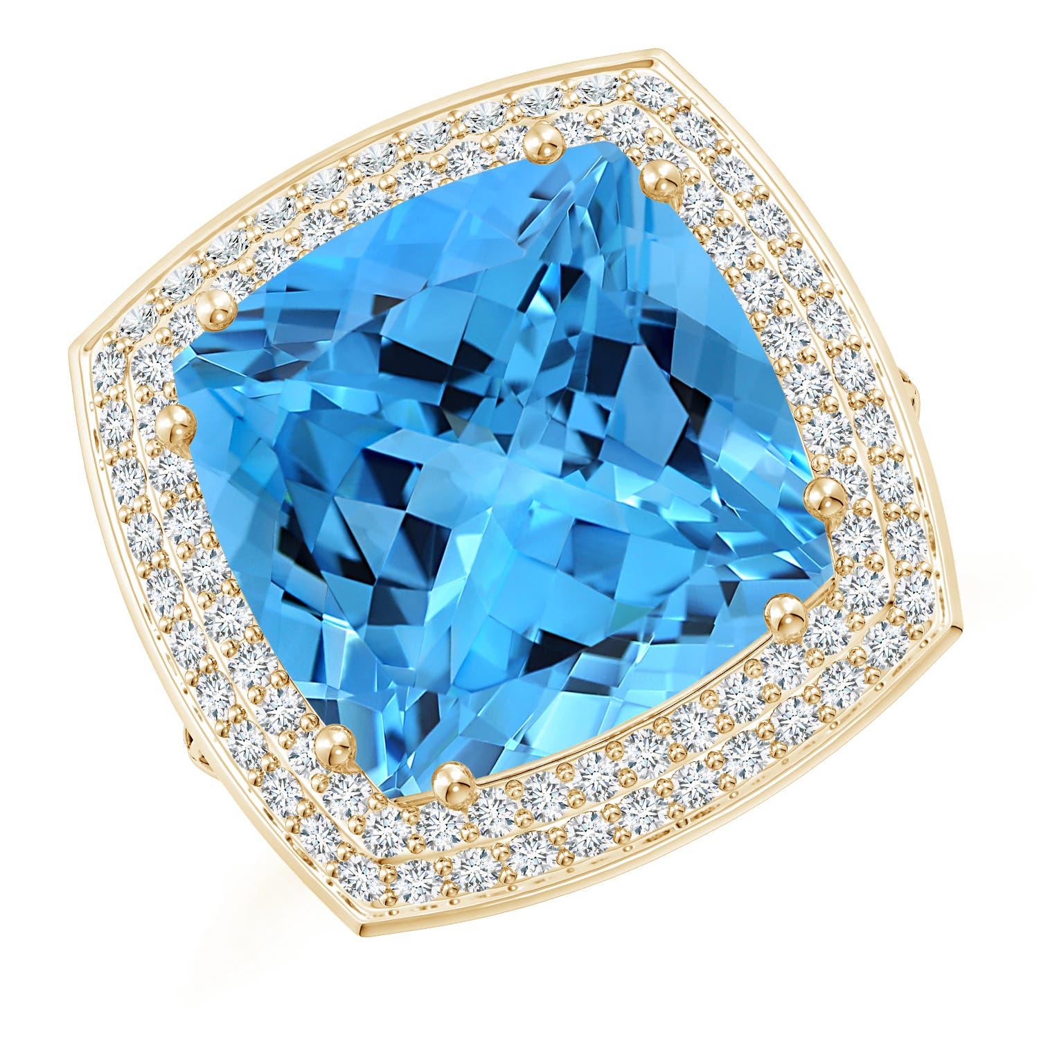 En vente :  Bague en or jaune avec halo de diamants et topaze bleue suisse certifiée GIA 2