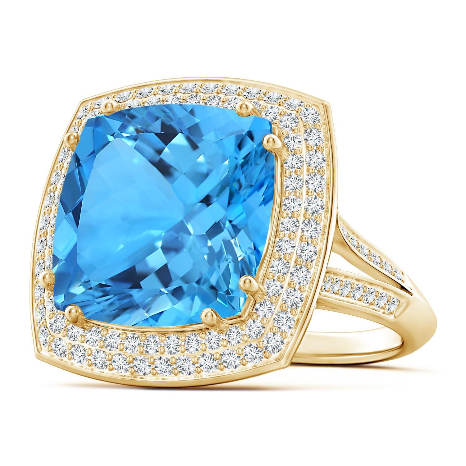 For Sale:  GIA Certified Swiss Blue Topaz Ring in Yellow Gold with Diamond Halo 2