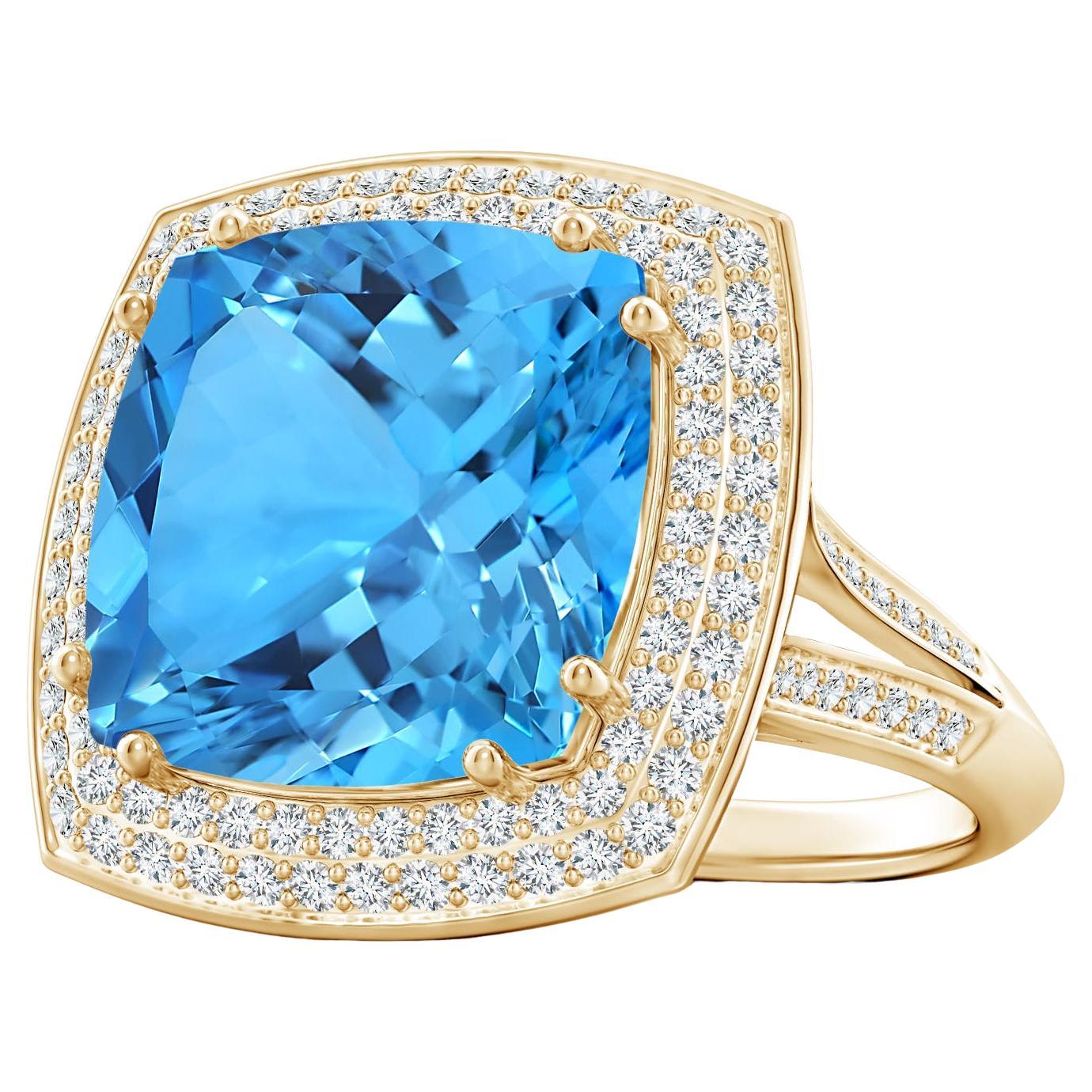 GIA Certified Swiss Blue Topaz Ring in Yellow Gold with Diamond Halo