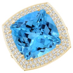 GIA Certified Swiss Blue Topaz Ring in Yellow Gold with Diamond Halo
