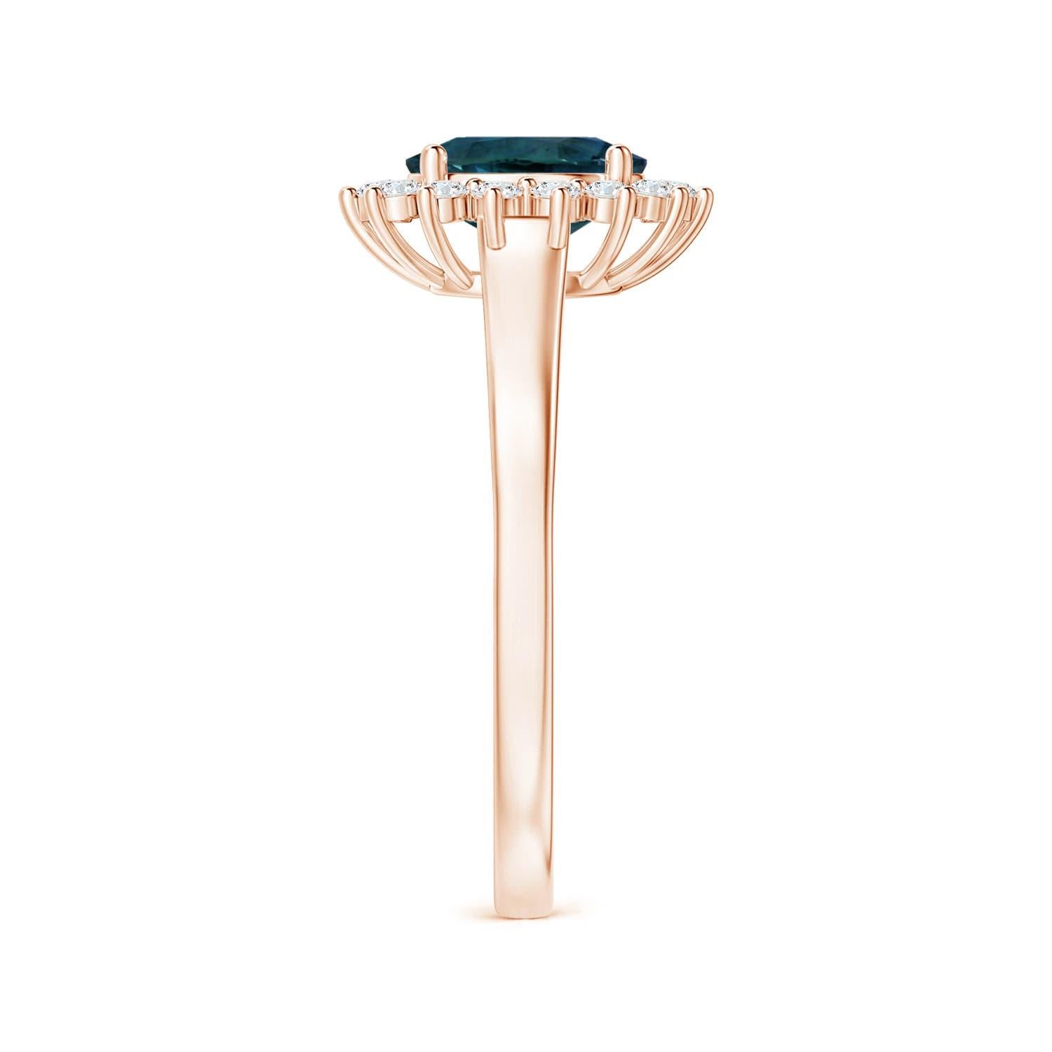 Angara Gia Certified Teal Sapphire Tapered Ring in Rose Gold with Halo 4