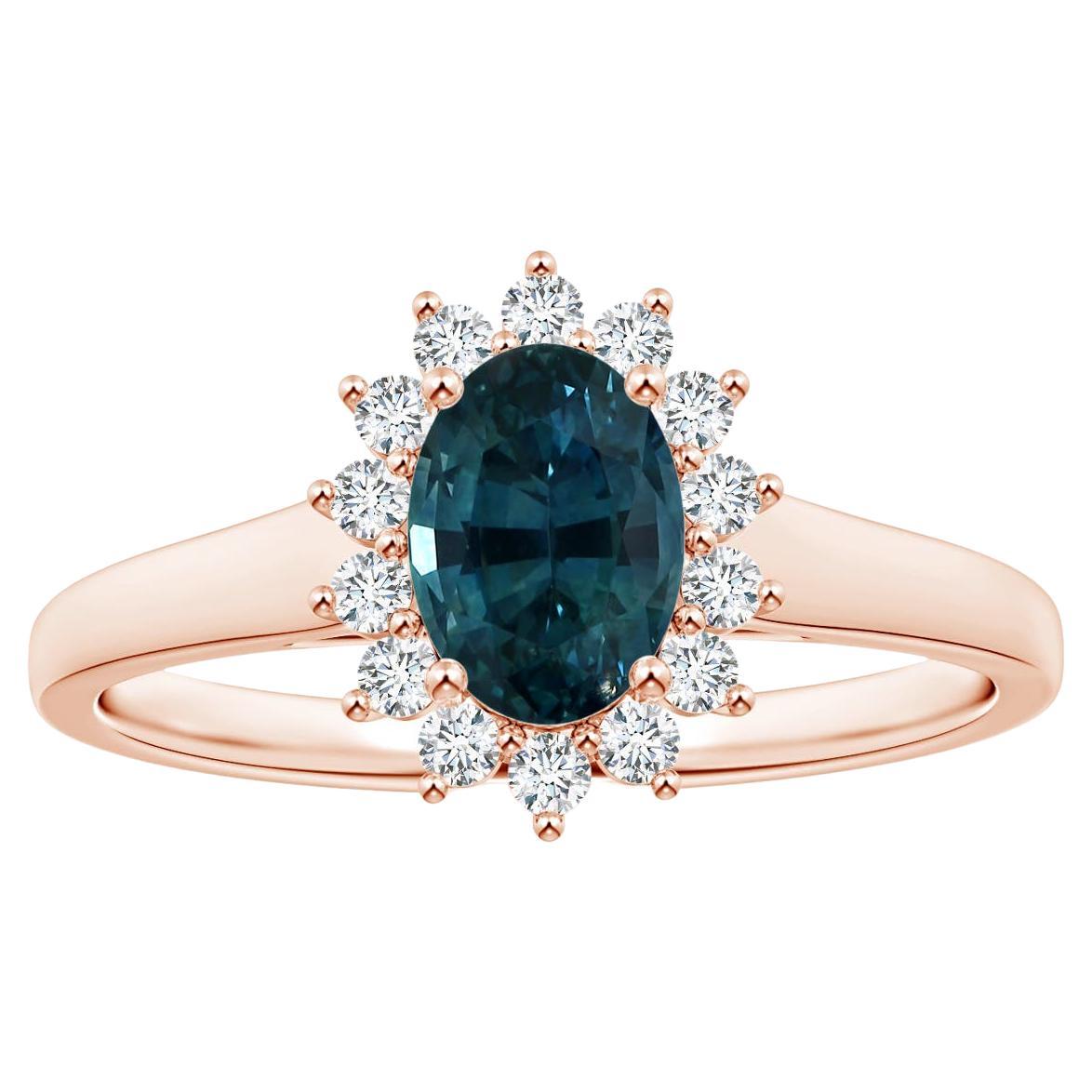 For Sale:  Angara Gia Certified Teal Sapphire Tapered Ring in Rose Gold with Halo