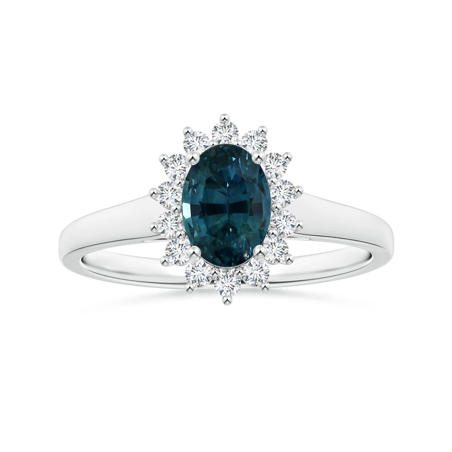 For Sale:  Angara Gia Certified Teal Sapphire Tapered Ring in White Gold with Halo