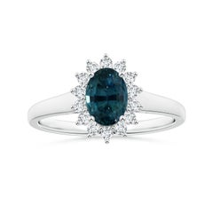 Angara Gia Certified Teal Sapphire Tapered Ring in White Gold with Halo