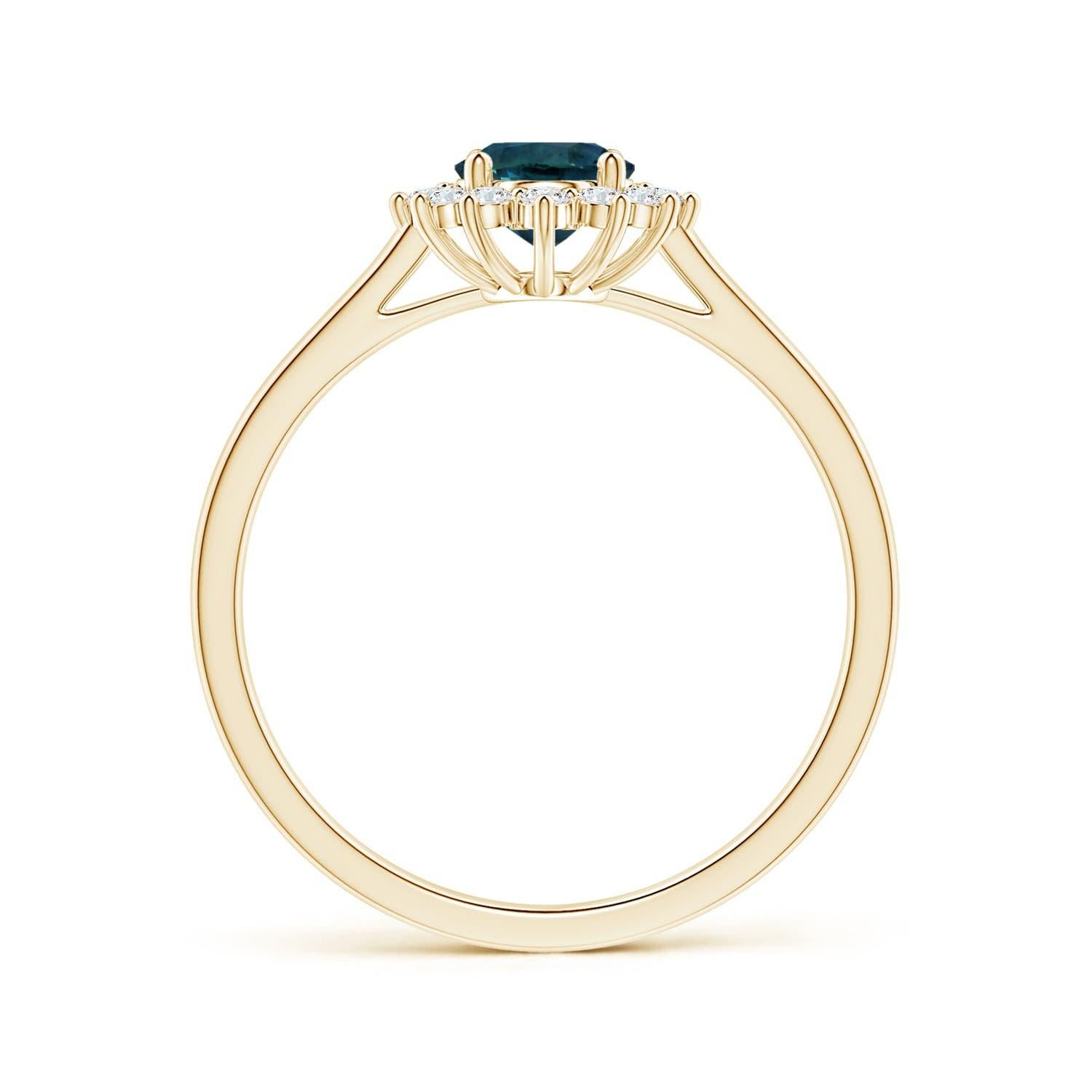Angara Gia Certified Teal Sapphire Tapered Ring in Yellow Gold with Halo 2