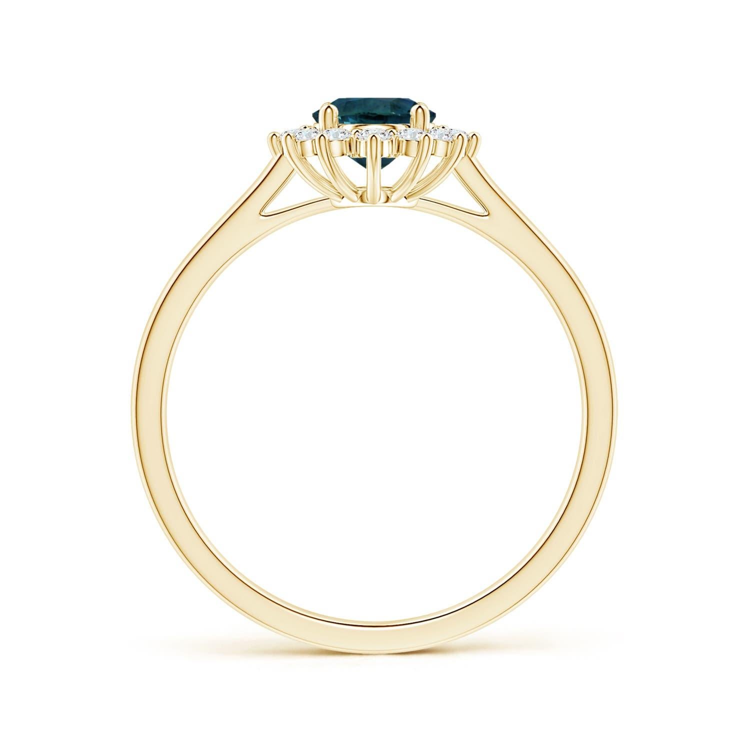 For Sale:  ANGARA GIA Certified Teal Sapphire Tapered Ring in Yellow Gold with Halo 2