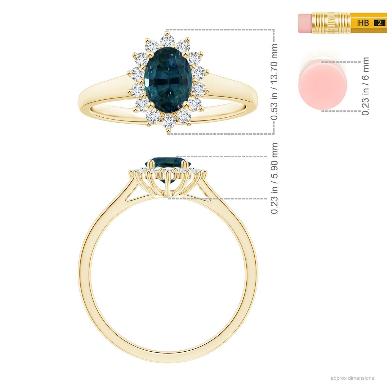 For Sale:  ANGARA GIA Certified Teal Sapphire Tapered Ring in Yellow Gold with Halo 5