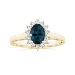Angara Gia Certified Teal Sapphire Tapered Ring in Yellow Gold with Halo