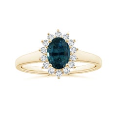 Angara Gia Certified Teal Sapphire Anello conico in oro giallo con alone