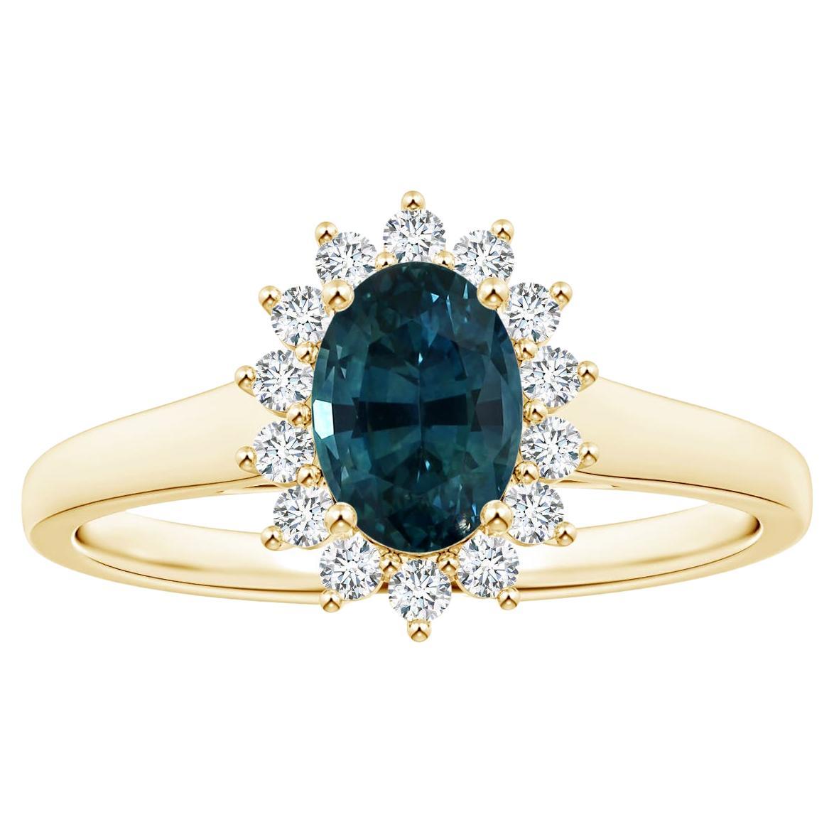 For Sale:  ANGARA GIA Certified Teal Sapphire Tapered Ring in Yellow Gold with Halo