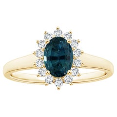 ANGARA GIA Certified Teal Sapphire Tapered Ring in Yellow Gold with Halo