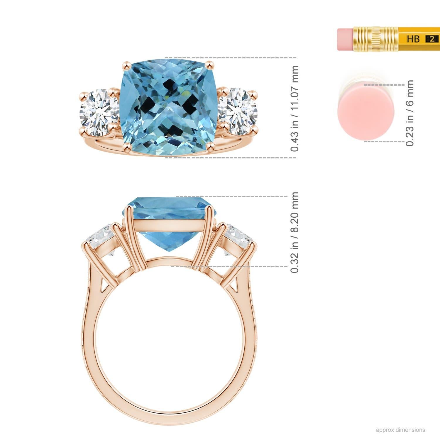 ANGARA GIA zertifizierter dreisteiniger Kissenring mit 5,20 Karat Aquamarin im Kissenschliff aus 14 Karat Roségold () 2