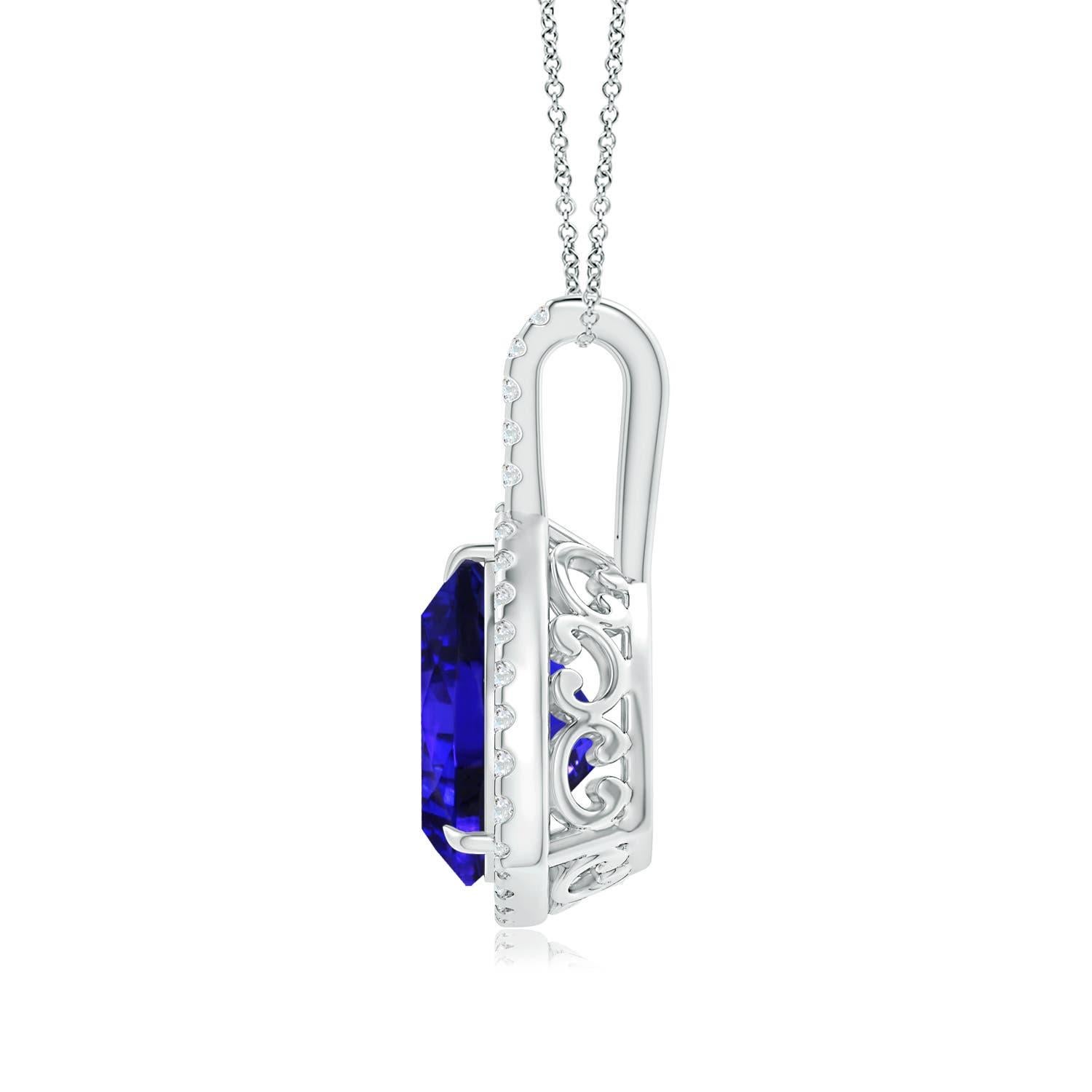 Designed with a diamond-studded bale and elegant scrollwork on the metal, this trillion tanzanite halo pendant in platinum looks simple yet enigmatic. The brilliant u prong diamonds enhance the bluish-purple hue of the GIA certified
