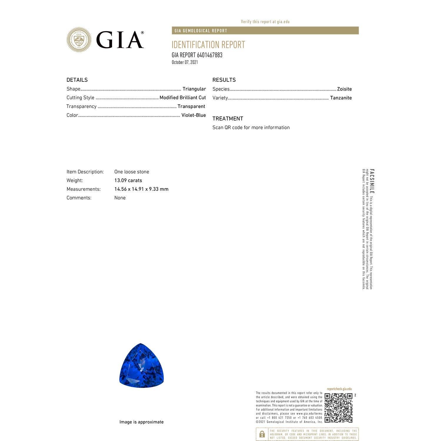 Moderne Angara Gia, collier pendentif trillion en platine et tanzanite naturelle certifiée en vente