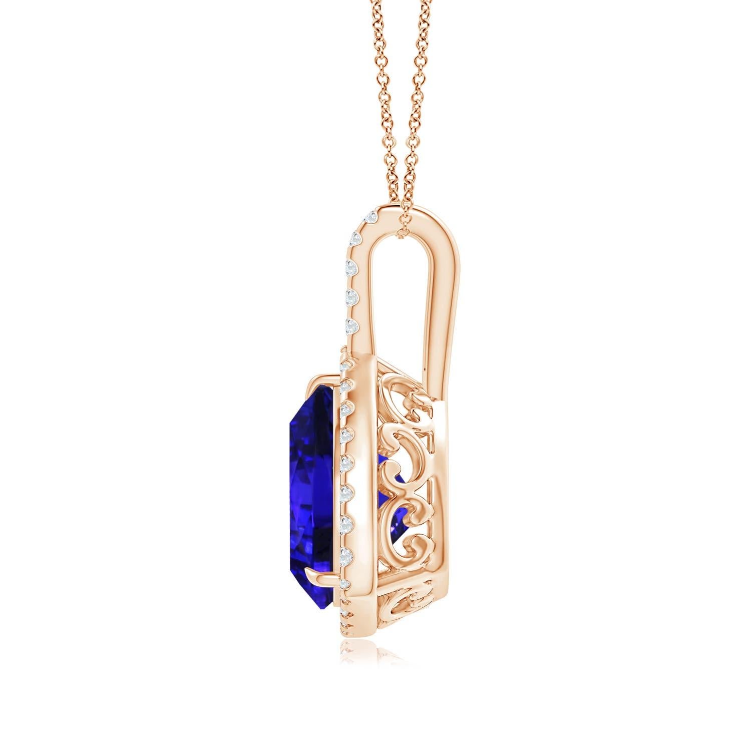 Designed with a diamond-studded bale and elegant scrollwork on the metal, this trillion tanzanite halo pendant in 14k rose gold looks simple yet enigmatic. The brilliant u prong diamonds enhance the bluish-purple hue of the GIA certified