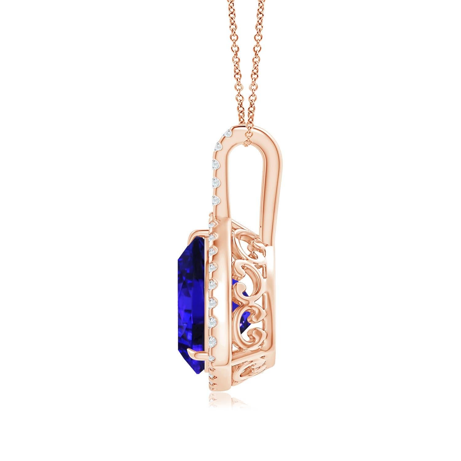 Designed with a diamond-studded bale and elegant scrollwork on the metal, this trillion tanzanite halo pendant in 18k rose gold looks simple yet enigmatic. The brilliant u prong diamonds enhance the bluish-purple hue of the GIA certified