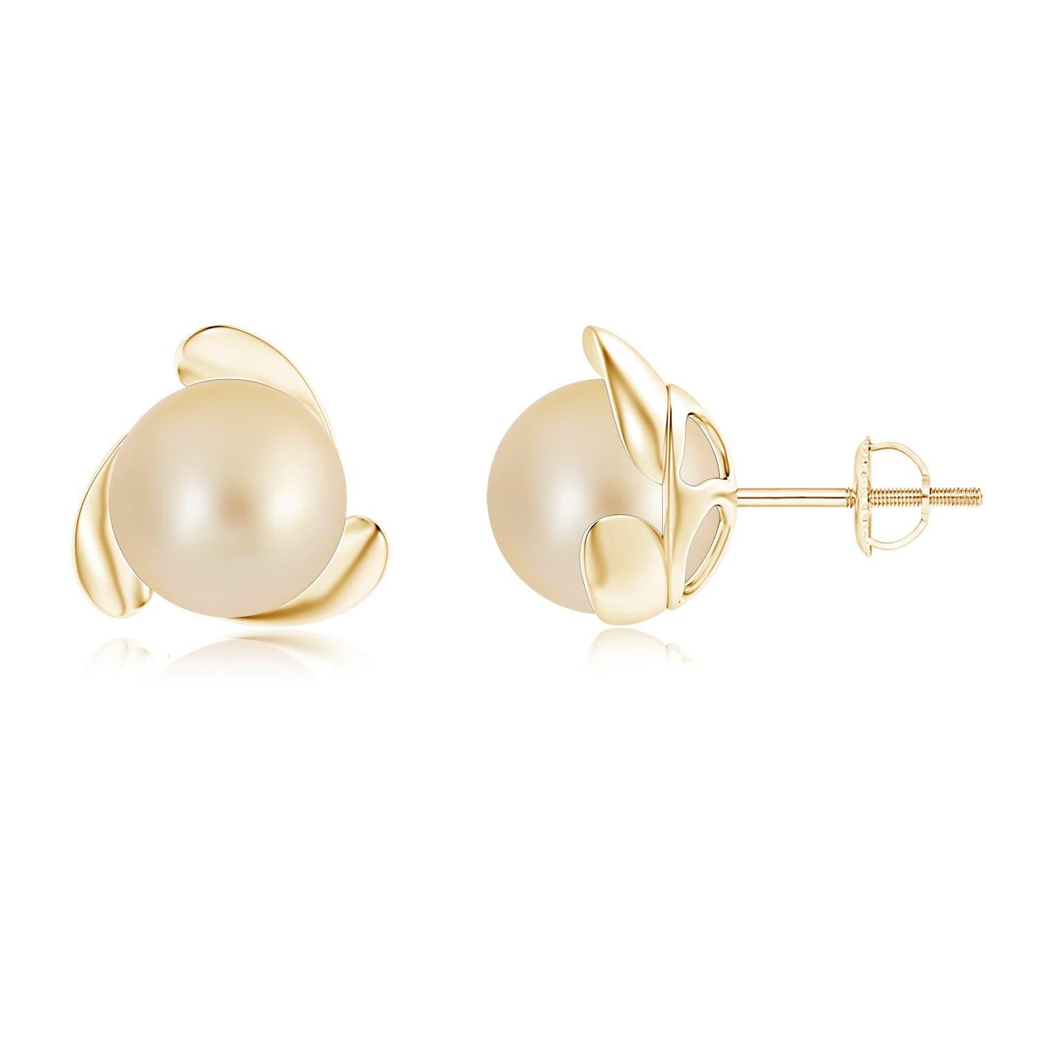 Angara - Boucles d'oreilles fleur en or massif 14 carats avec perles de culture des mers du Sud dorées Neuf - En vente à Los Angeles, CA