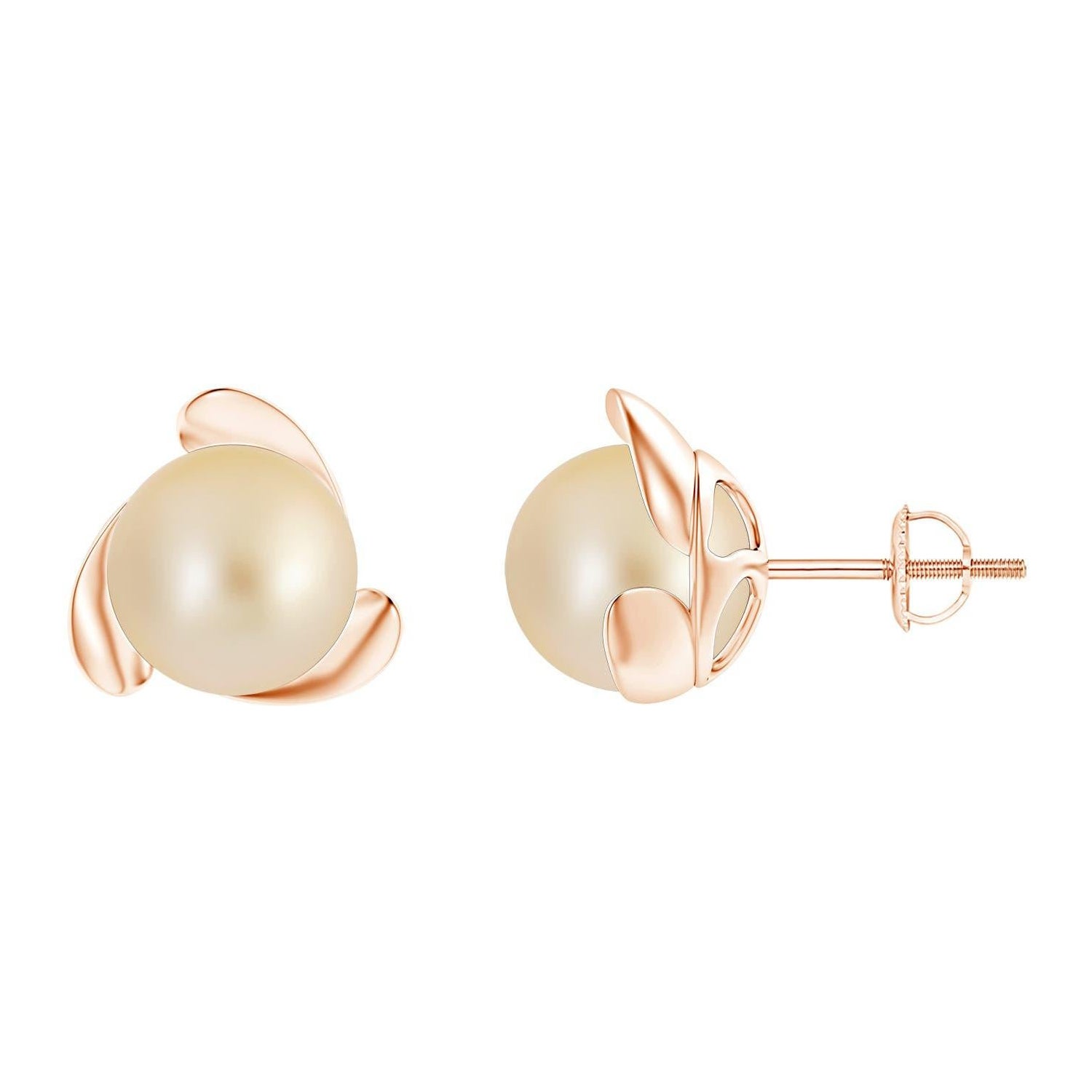 Angara - Boucles d'oreilles fleur en or massif 14 carats avec perles de culture des mers du Sud dorées