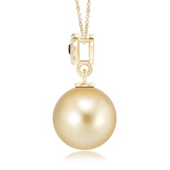 Angara Golden South Sea Cultured Pearl Halo Pendant with Ruby in 14K Solid Gold