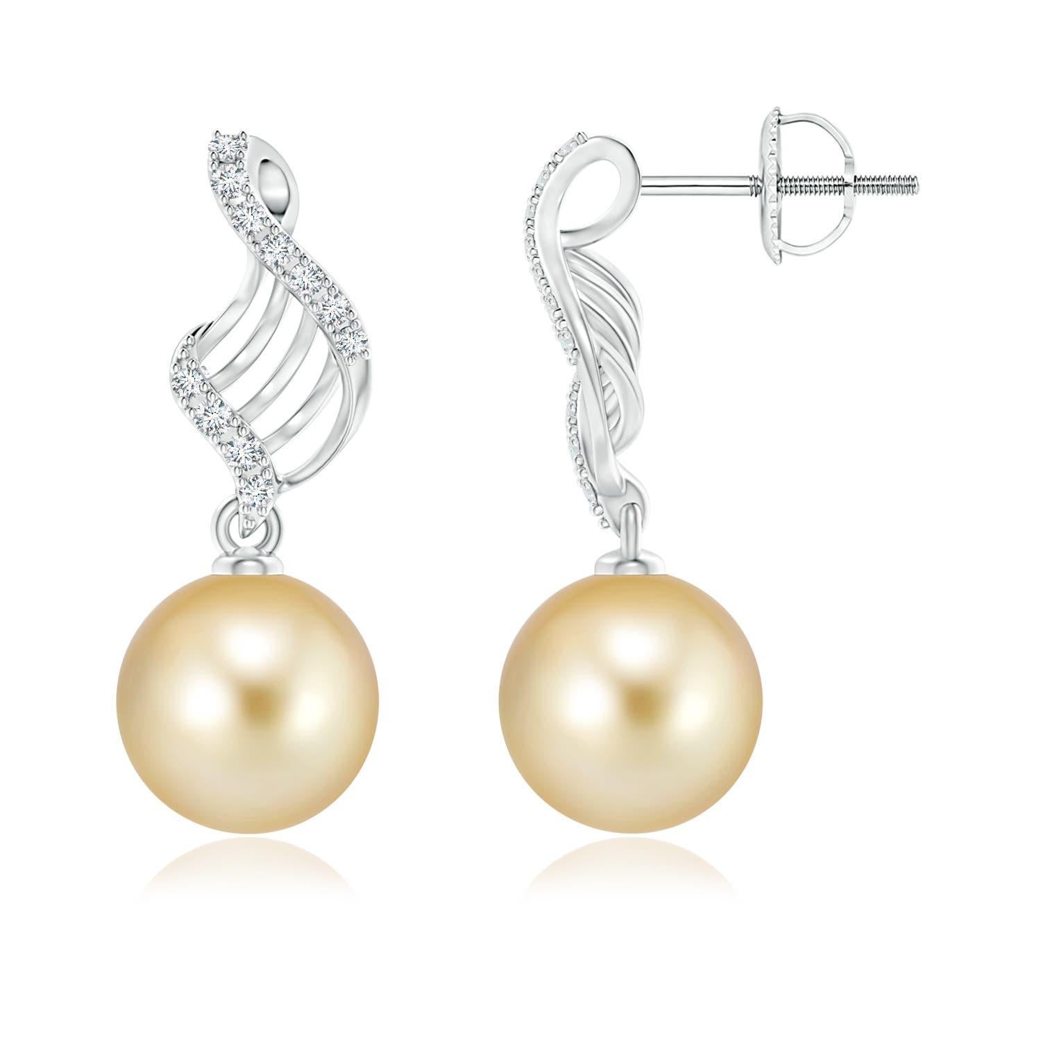 Angara - Boucles d'oreilles pendantes en or massif 14 carats avec perles de culture des mers du Sud en forme de tourbillon Pour femmes en vente